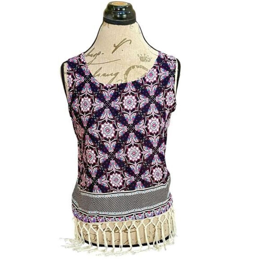 Womens Tank Top Size Small Hippie Hipster Bohemian Boho Tassel Hemmed Floral